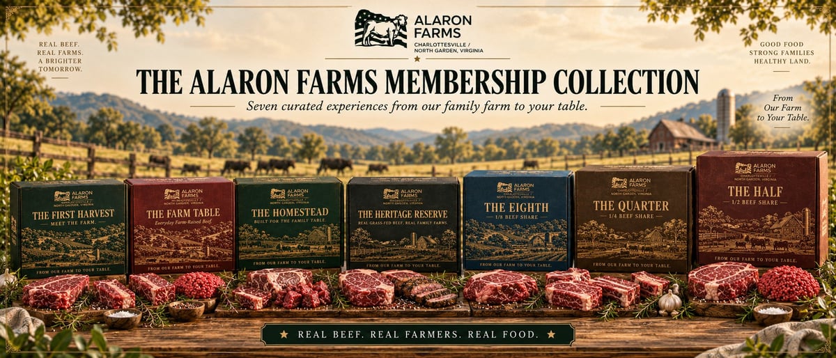 Alaron Farms Membership Collection showing seven premium beef cuts with rustic farm background and tagline about quality real food.