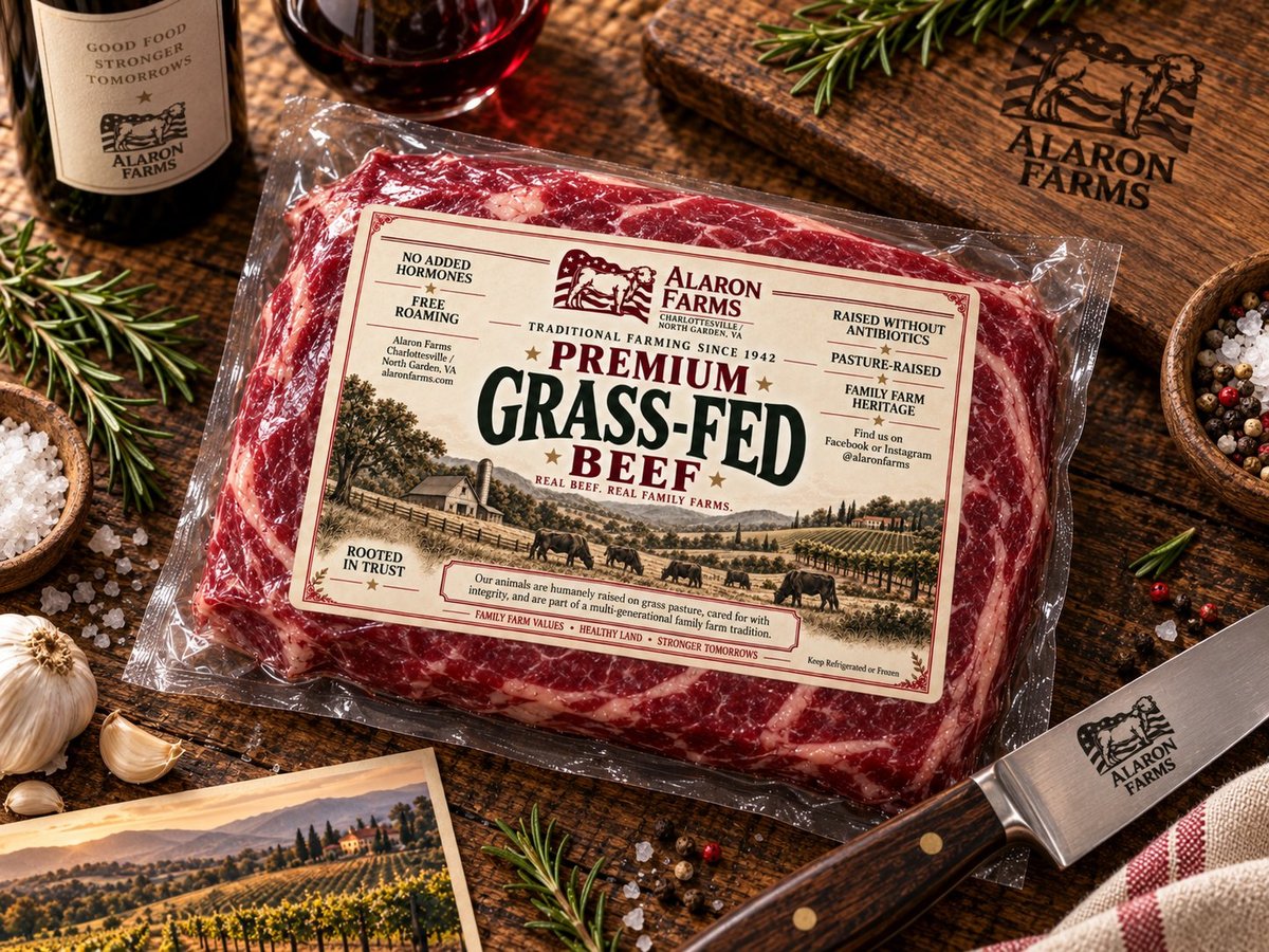 Package of Alaron Farms Premium Grass-Fed Beef on a wooden surface with wine, fresh rosemary, garlic and sea salt