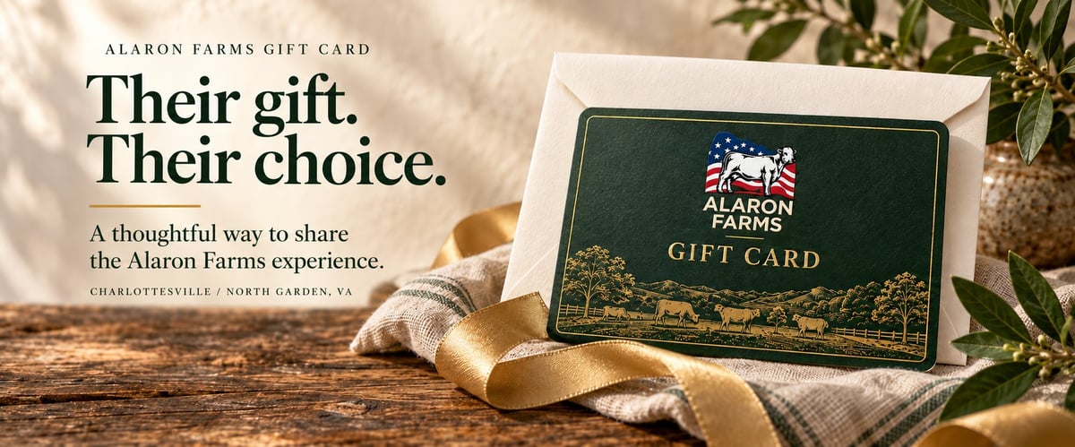 Green Alaron Farms gift-card design with a cream envelope and gold ribbon