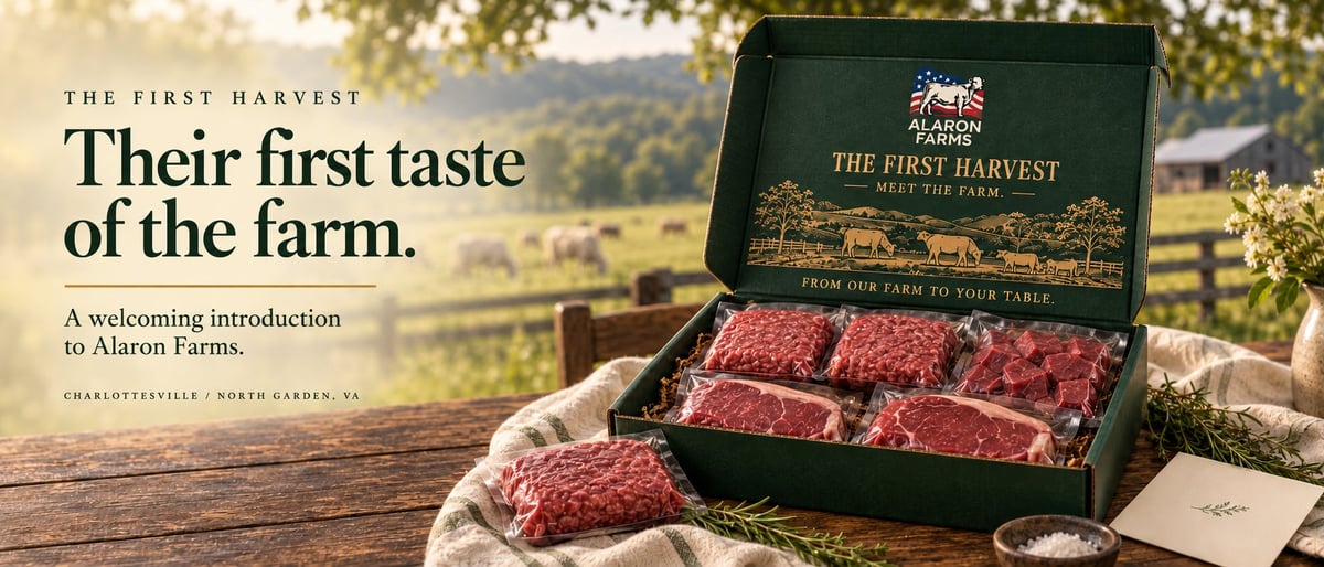 Open green First Harvest box with an illustrative assortment of packaged beef