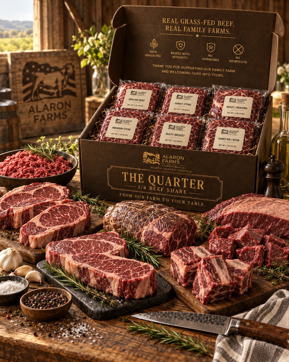 The Quarter — Alaron Farms premium grass-fed beef box set with various cuts of raw steaks displayed on wooden surfaces with herbs and seasonings
