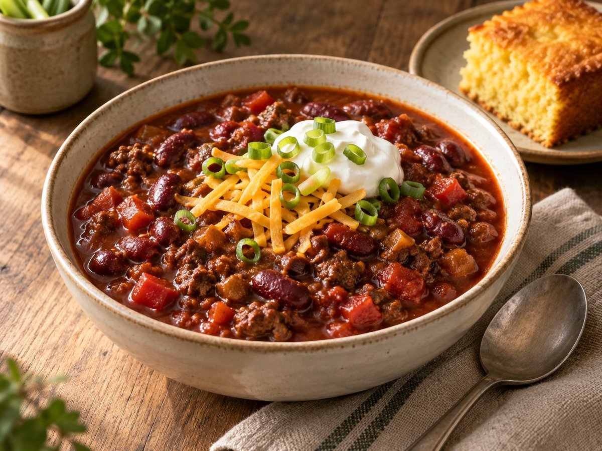 Ground-beef and kidney-bean chili with cheddar, sour cream, scallions, and cornbread.