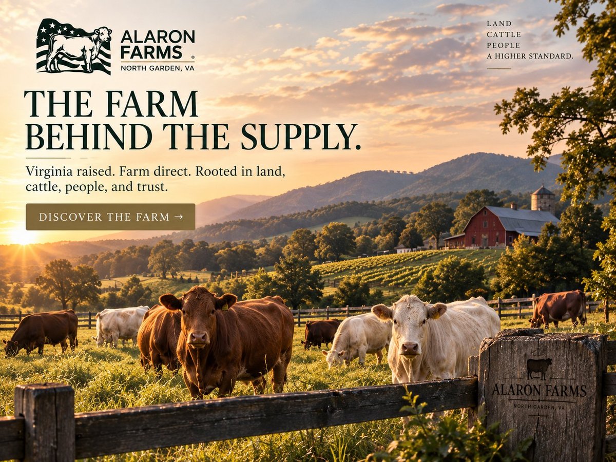 Alaron Farms campaign image — the farm behind the supply, Virginia raised and farm direct