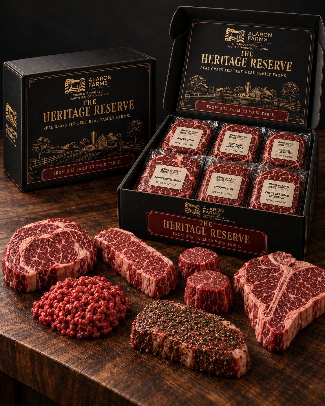 Alaron Farms Heritage Reserve premium beef gift set with various cuts displayed on a wooden surface, including black packaging boxes