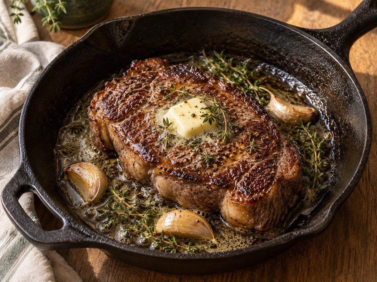 Seared ribeye in a cast-iron skillet with butter, crushed garlic, and thyme.