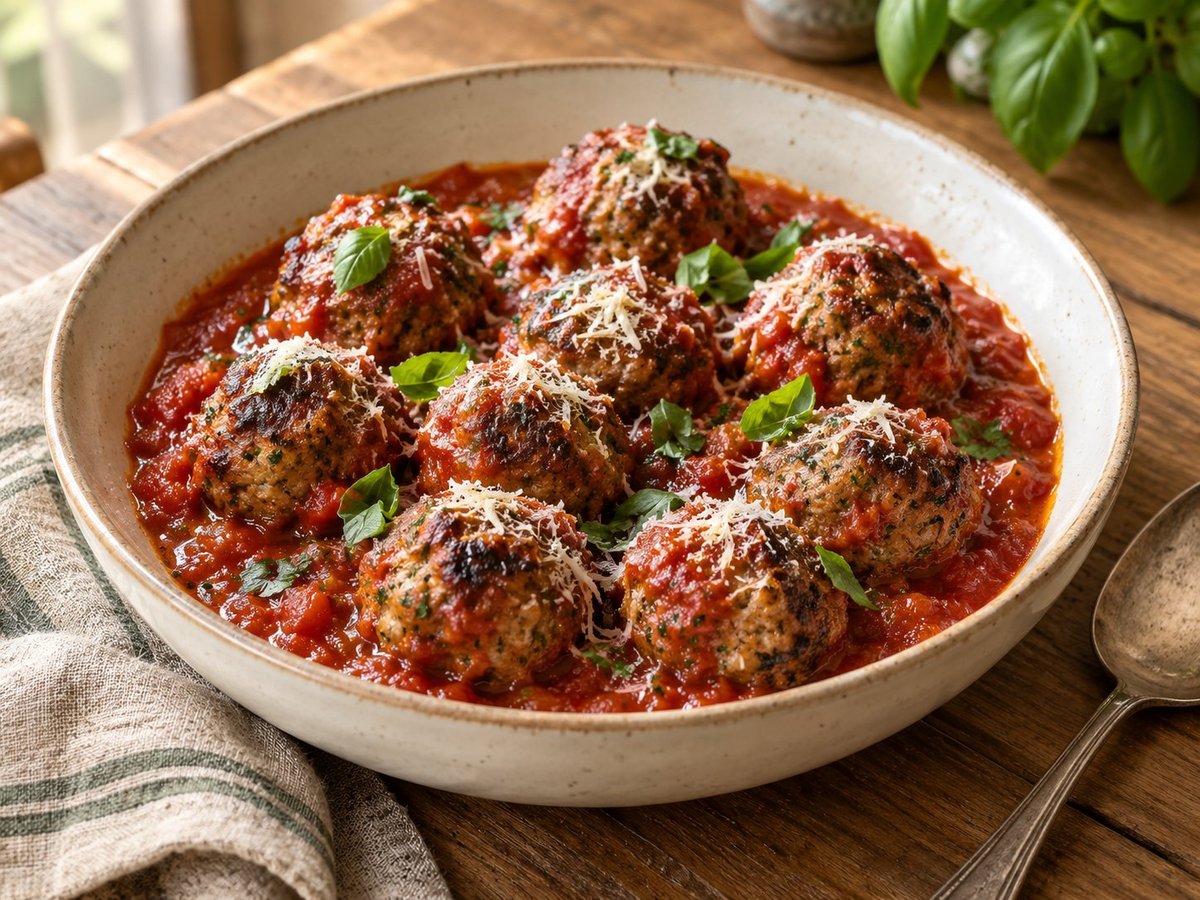 Beef meatballs in tomato sauce with grated Parmesan and torn basil.