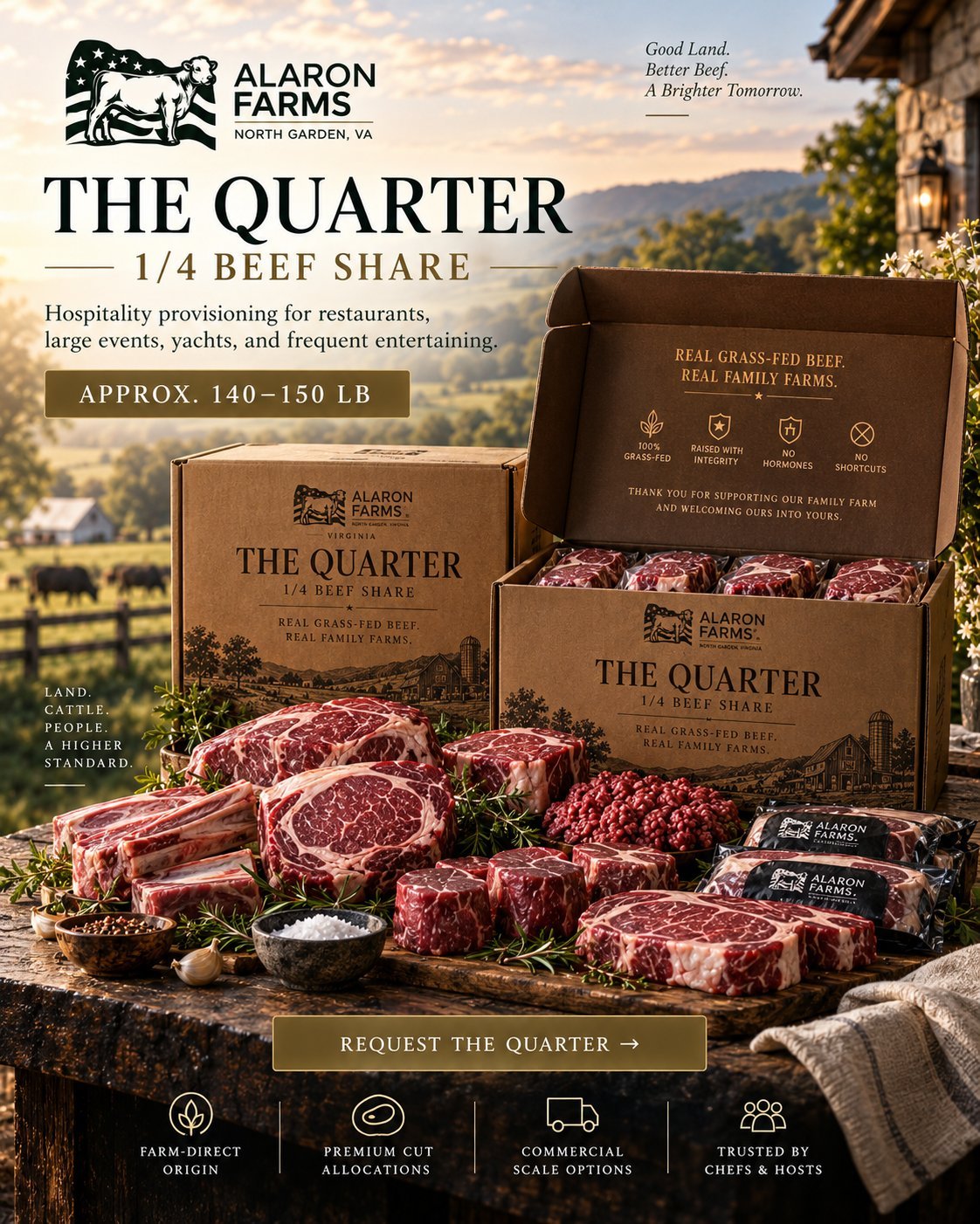 Alaron Farms Quarter beef share box displaying premium grass-fed steaks and cuts with scenic farm background