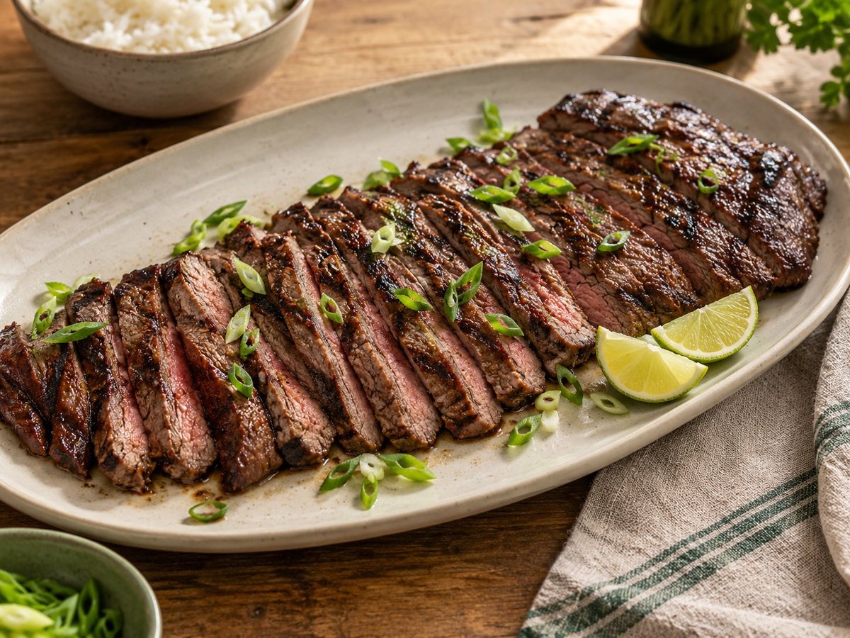 Thin slices of grilled marinated flank steak with scallions and lime.