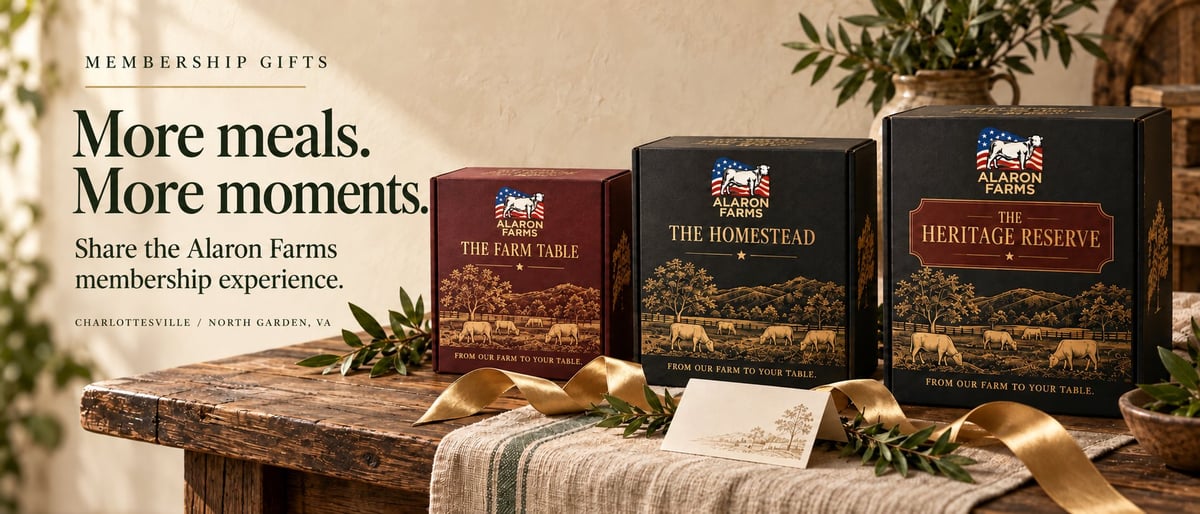 Alaron Farms gift boxes arranged on a wooden credenza for client and group gifting