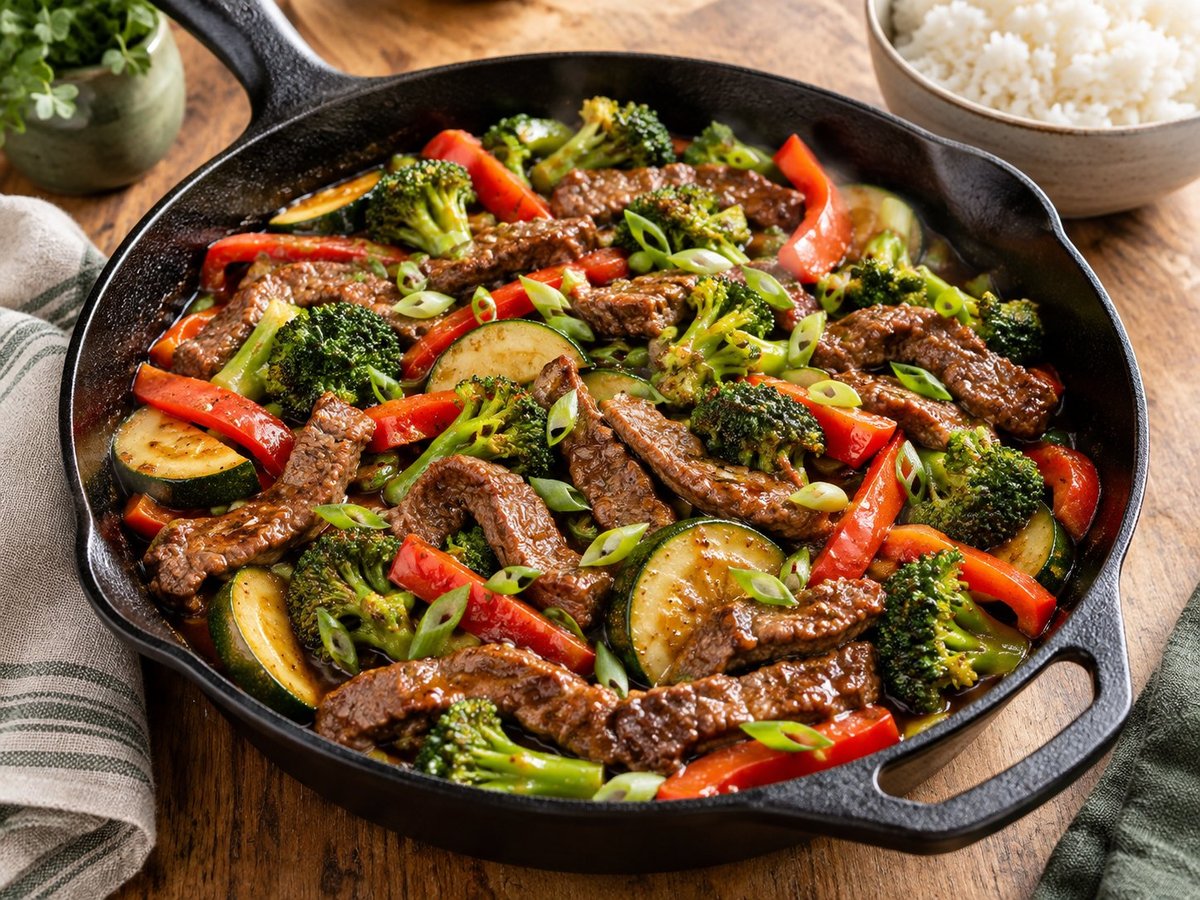 Sirloin strips with broccoli, red pepper, zucchini, and scallions in a skillet.
