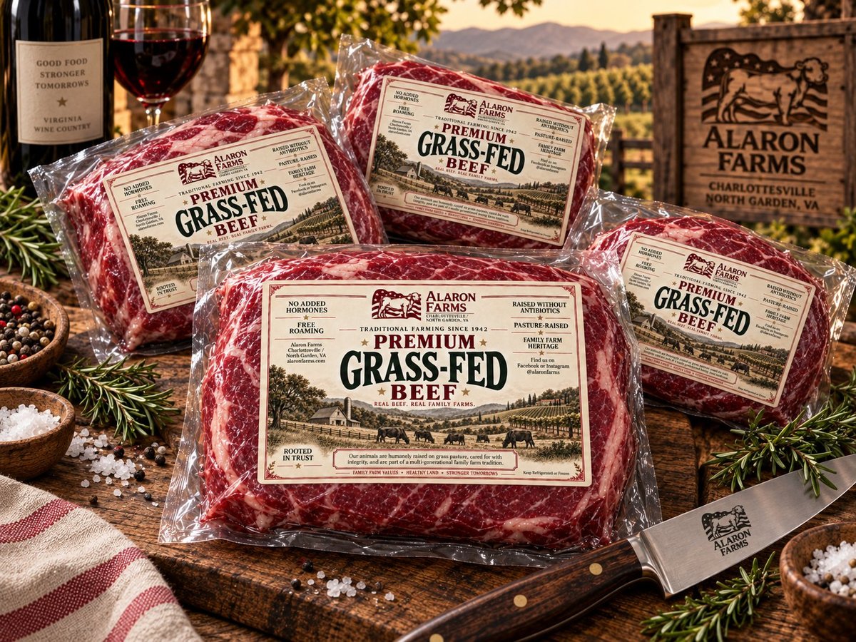 Packages of premium grass-fed beef from Rawhide Farms arranged on a wooden board with wine, herbs, and vineyard scenery in background