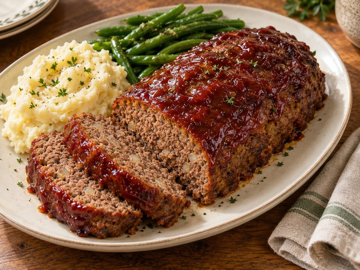 Tomato-glazed beef meatloaf with two slices, mashed potatoes, and green beans.
