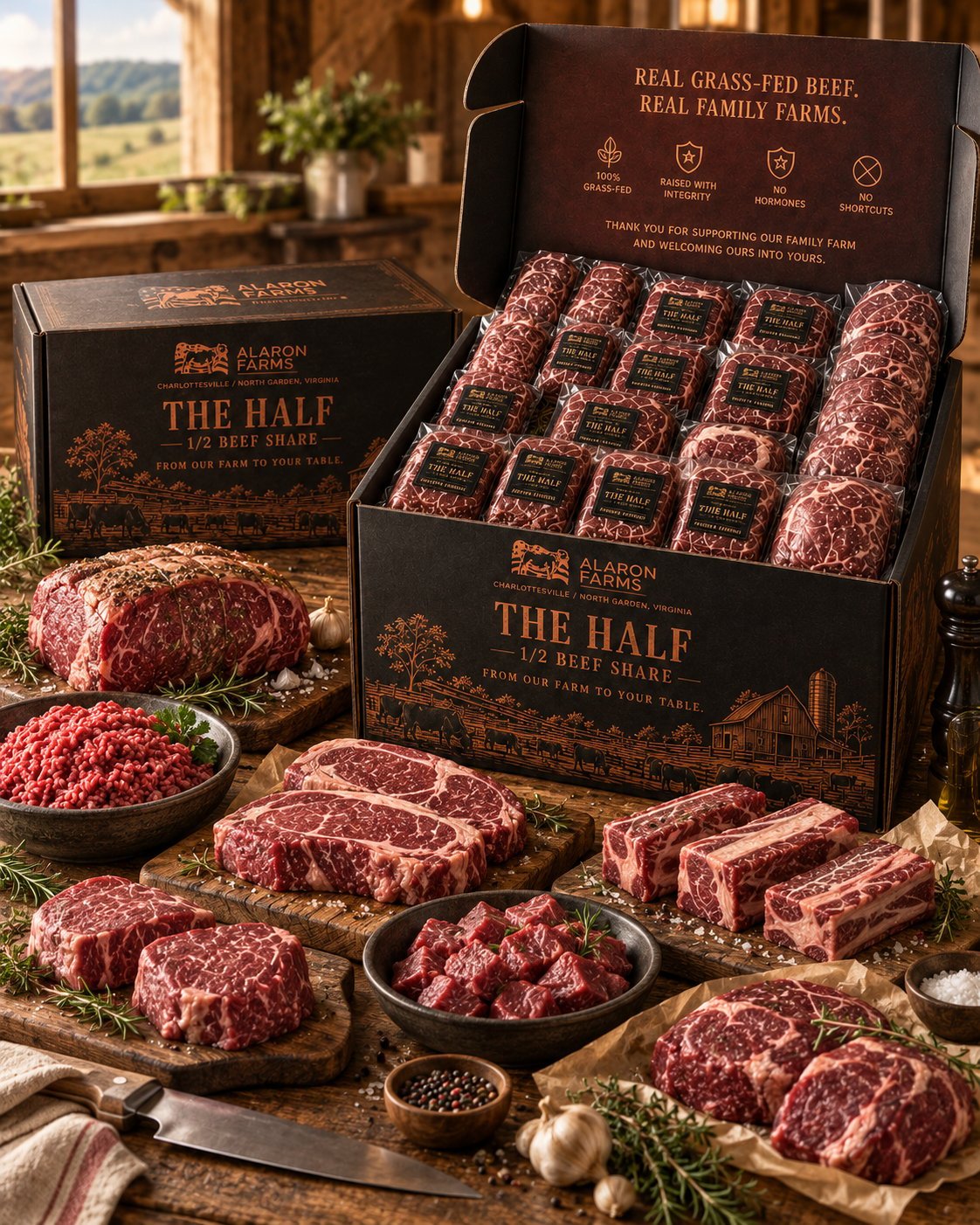 The Half — opened Alaron Farms box displaying raw steaks and ground beef portions on a wooden surface with fresh herbs in a rustic farm setting