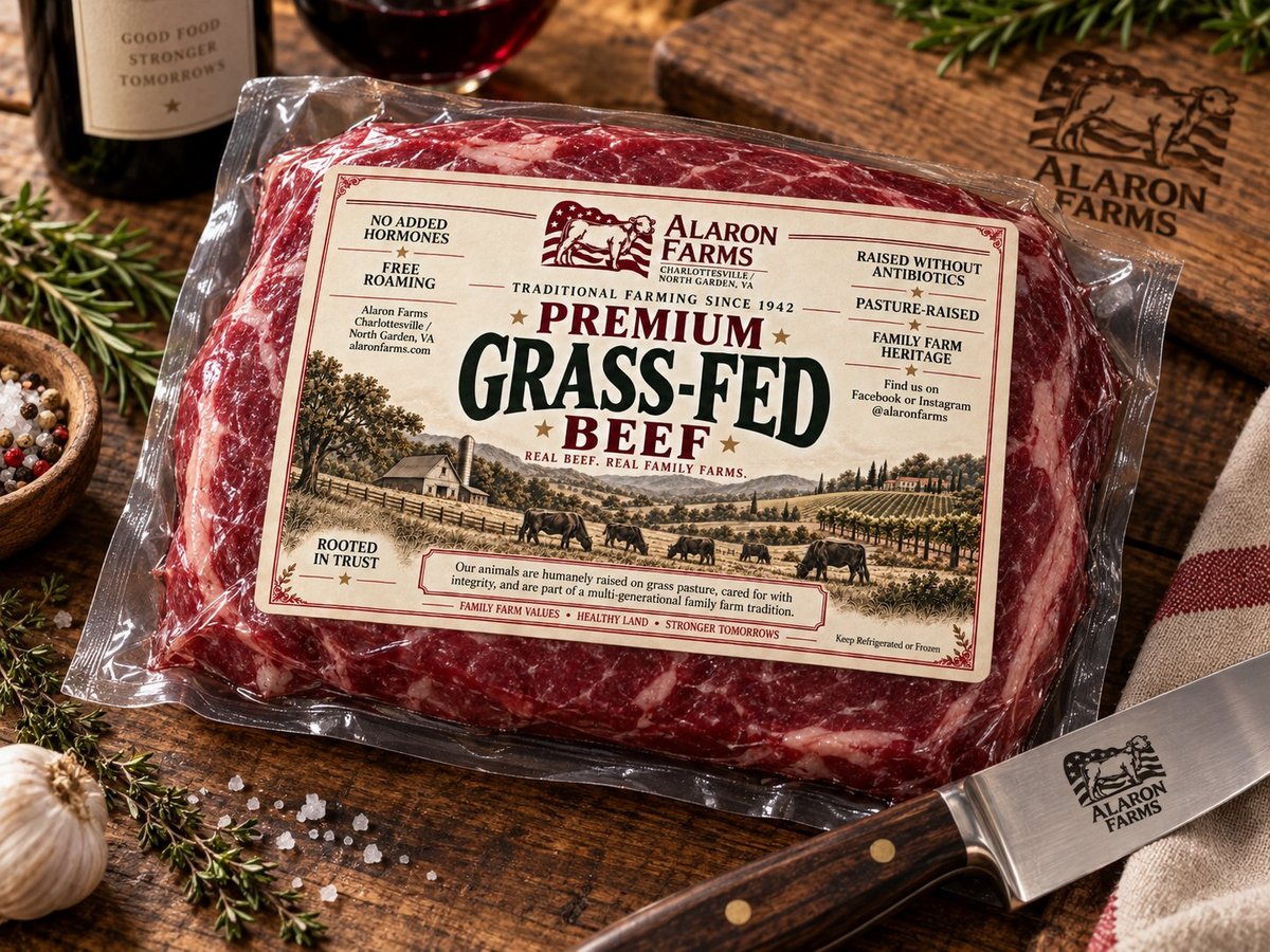 Package of Alaron Farms premium grass-fed beef on a wooden board with fresh herbs, garlic and wine