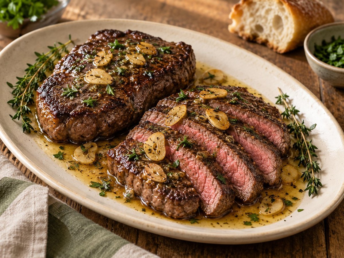 Sliced sirloin with golden garlic slices, butter sauce, parsley, and thyme.