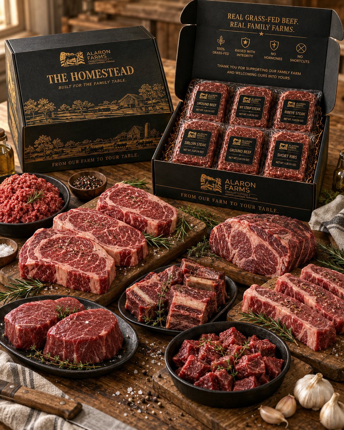 Premium grass-fed beef cuts and products from Alaron Farms displayed with packaging boxes and fresh ingredients on a rustic wooden table
