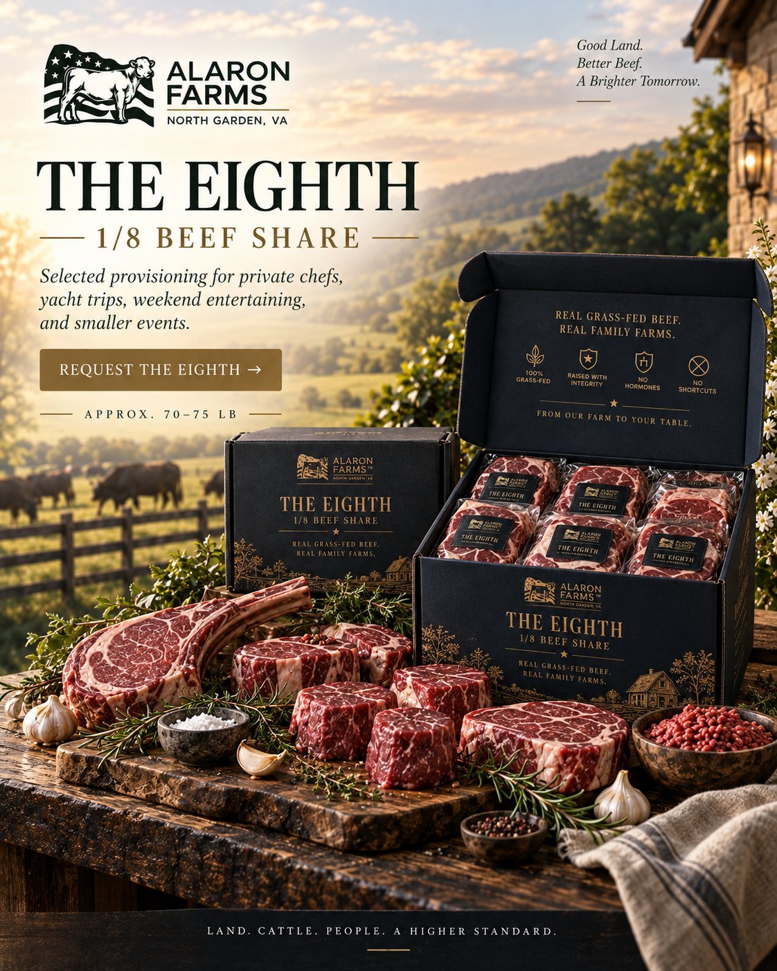 Alaron Farms marketing image for The Eighth 1/8 beef share, displaying premium cuts of meat in branded black packaging against a scenic farm landscape