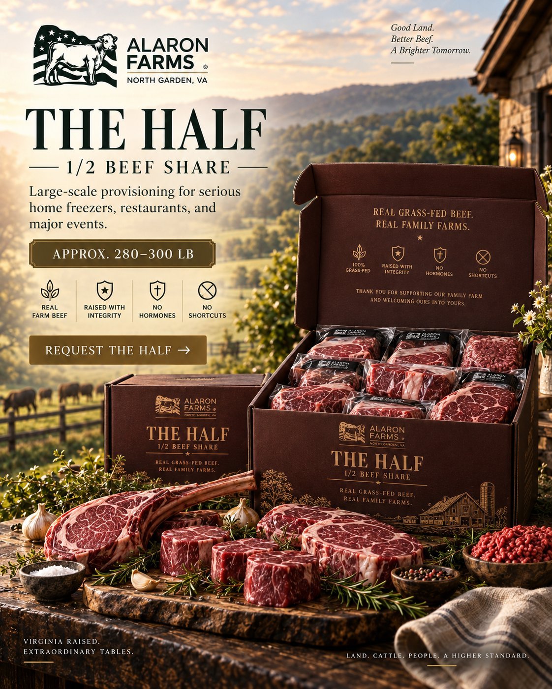 Alaron Farms half beef share marketing image showing packaged grass-fed beef cuts displayed with farm scenery and product information