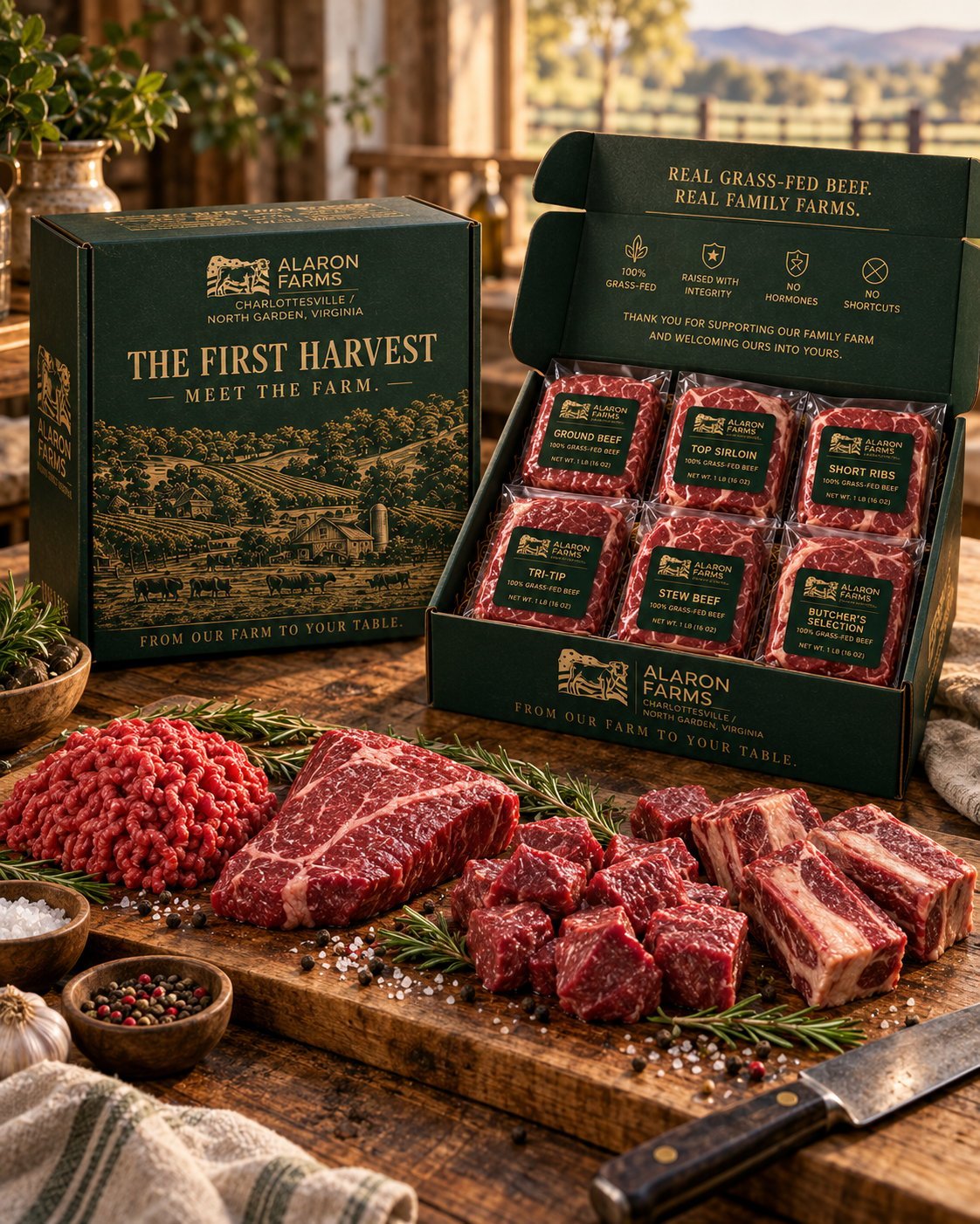 The First Harvest — Alaron Farms premium grass-fed beef box set with various cuts and herbs on a wooden cutting board