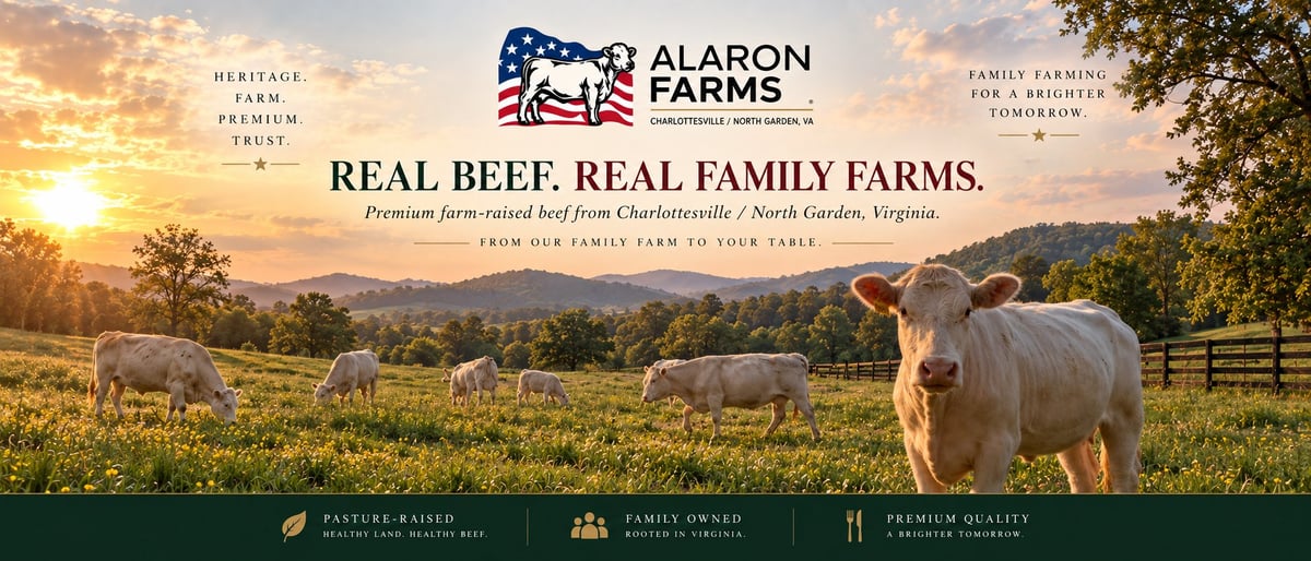 Alaron Farms website header with cattle grazing in pasture at sunset in Shenandoah Valley, Virginia