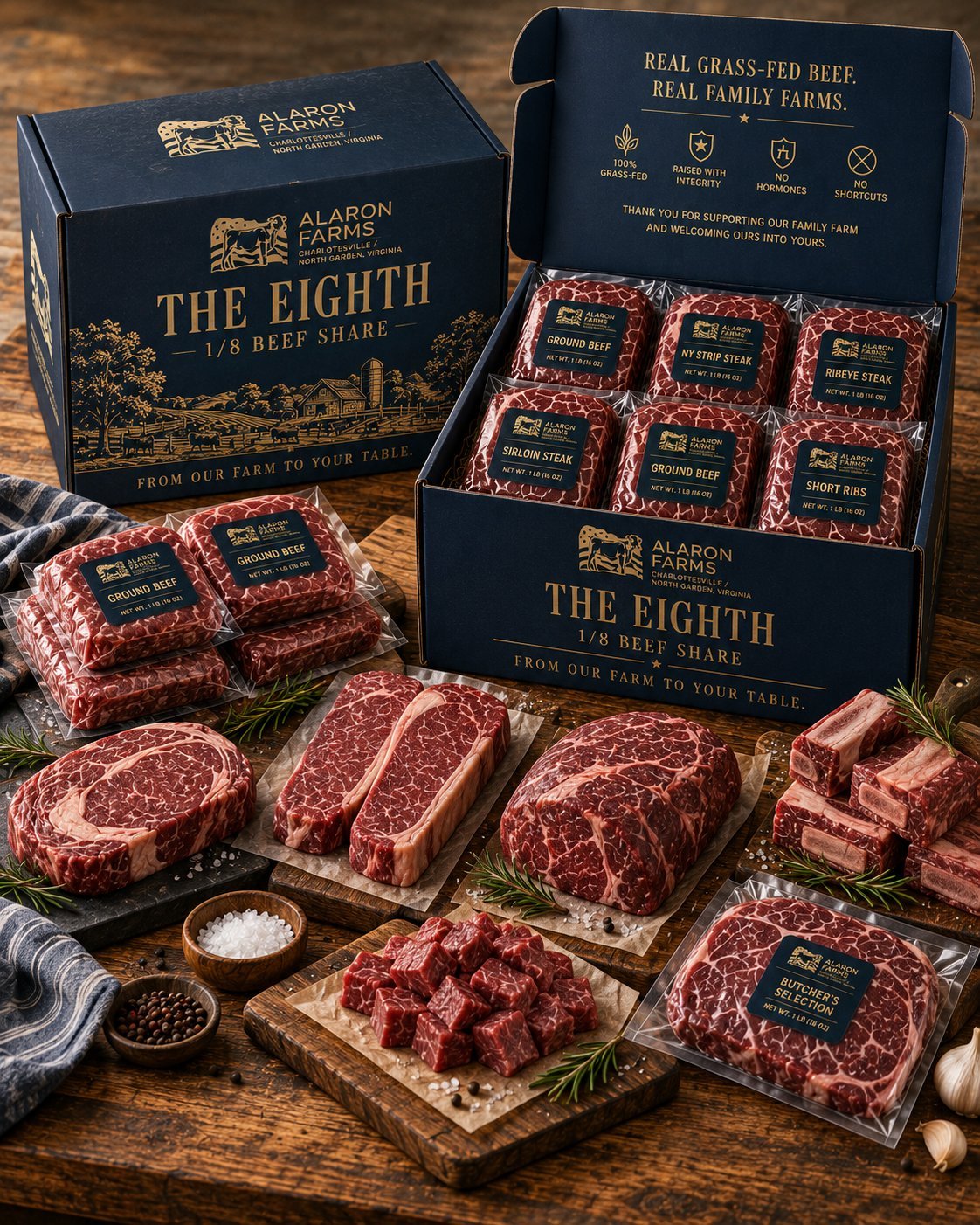 The Eighth — Alaron Farms premium grass-fed beef box set with various cuts and ground beef displayed on wooden surfaces with herbs