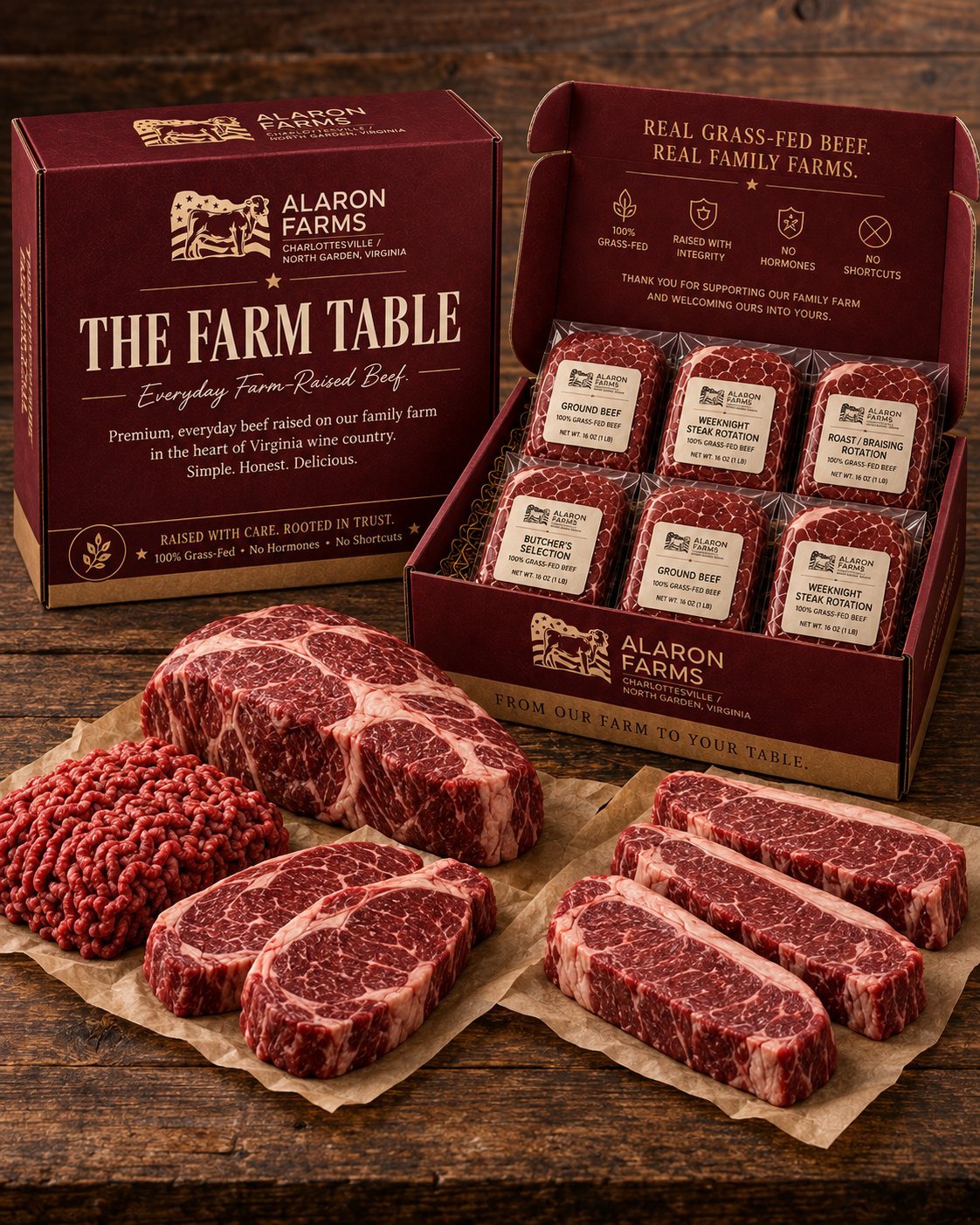 The Farm Table — Alaron Farms grass-fed beef box set with premium steaks and ground beef arranged on a wooden surface with branded packaging