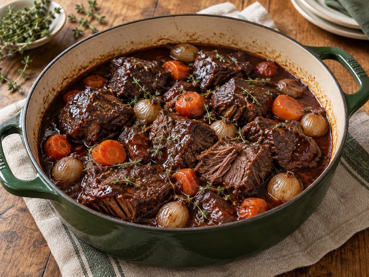 Boneless beef braised in red-wine sauce with carrots and pearl onions.