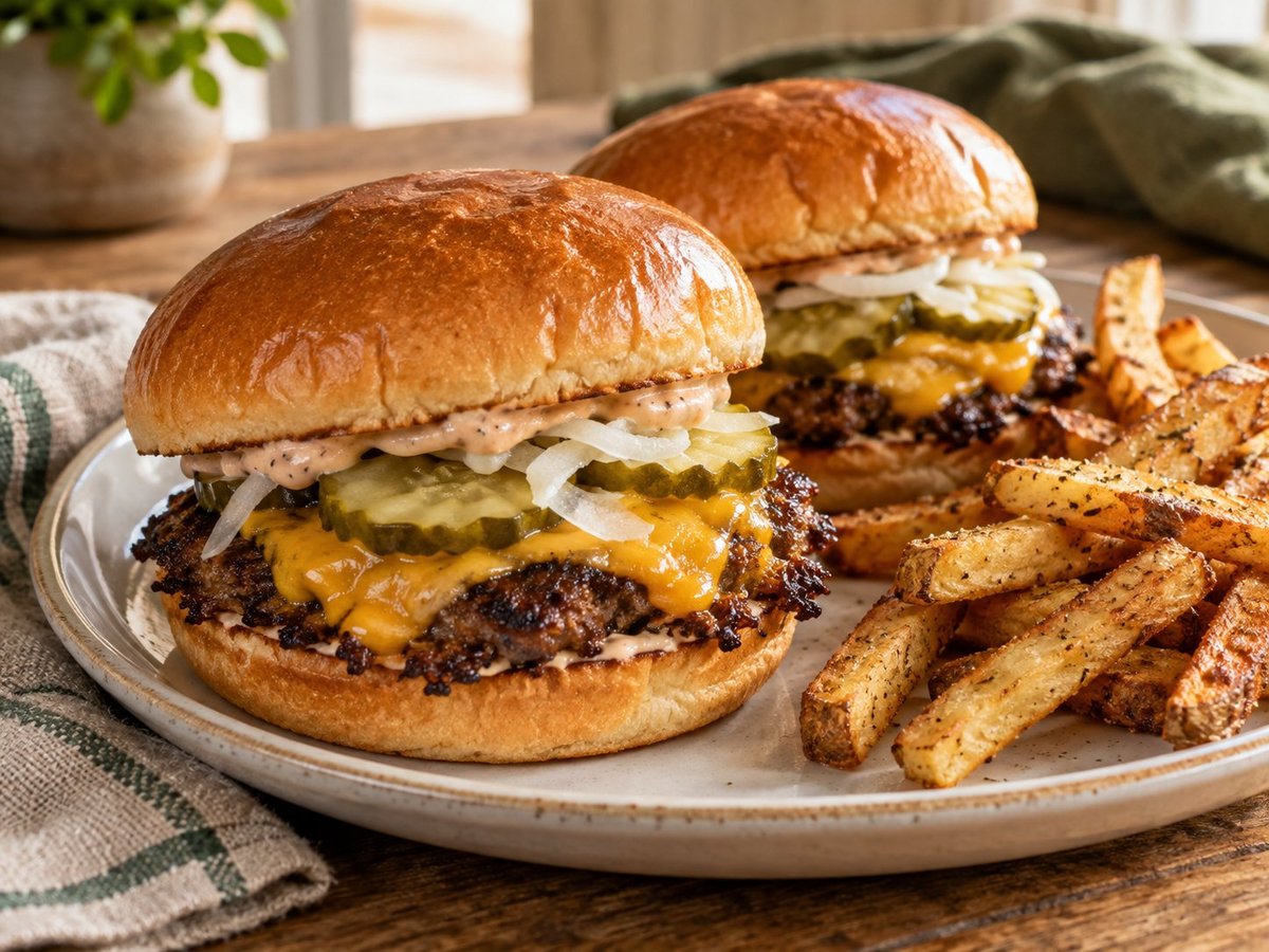 Thin smash cheeseburgers with cheddar, pickles, and onion, served with oven fries.
