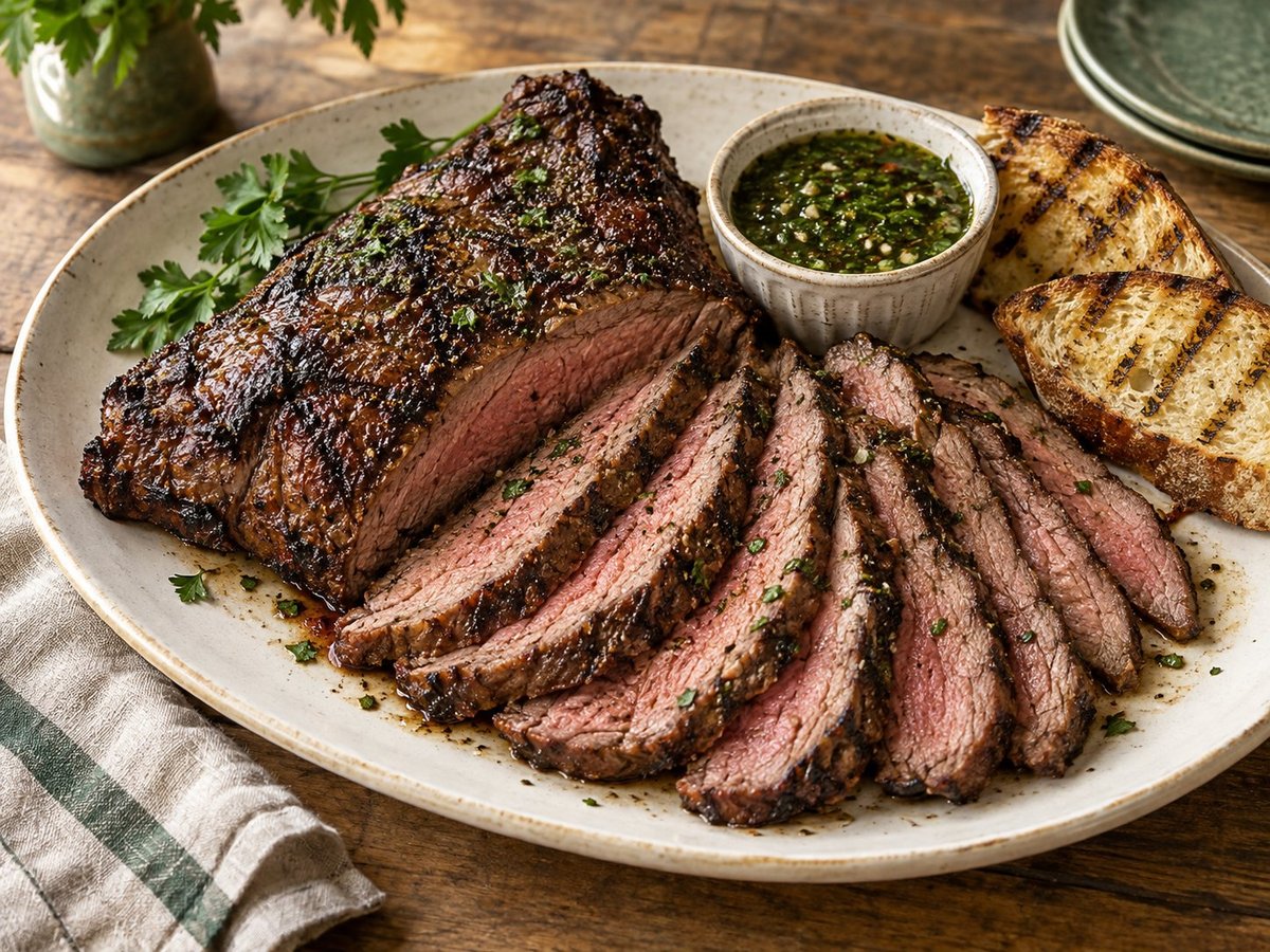 Grilled tri-tip sliced for sharing with chimichurri and grilled bread.